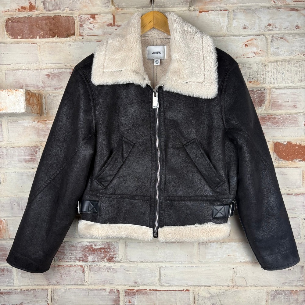 Jason Wu Faux Leather Shearling Moto Jacket Cropped Faux Fur Collar Size S